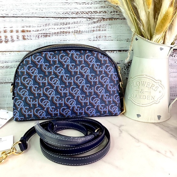 Coach Handbags - COACH MADI BLUE SMALL MONOGRAM CROSSBODY GOLD NWT